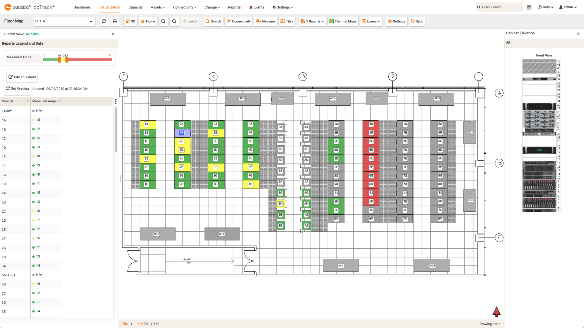 Screenshot of Measured Amps per Cabinet Floor Map Report