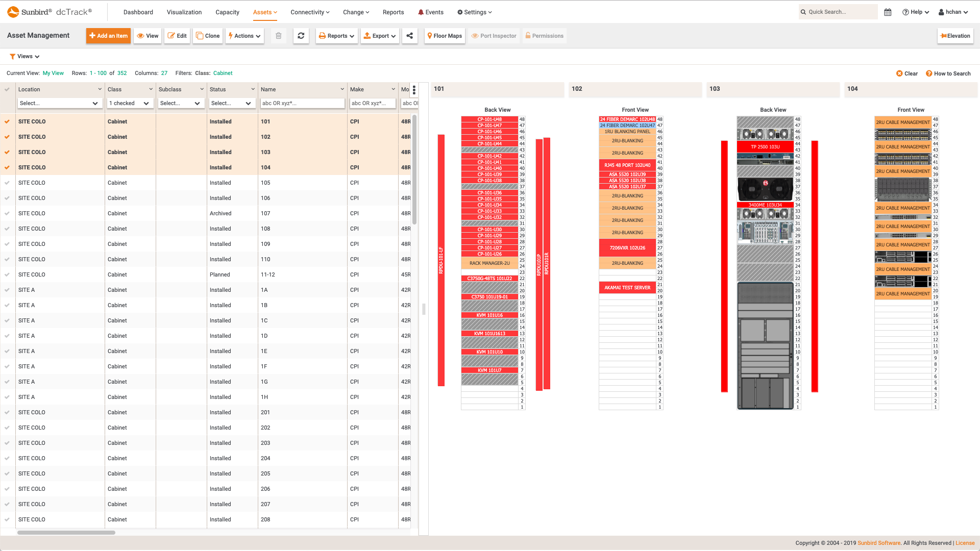 Screenshot of Multi-Select Cabinet Elevation Views From Any Site and Row